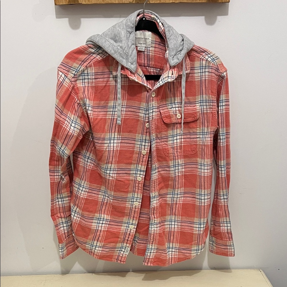 American Eagle Outfitters Red and Gray Plaid Shirt with Hood XS